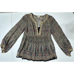 Joie Silk Peasant Blouse & Camisole Long‎ Puff Sleeve Gold Embellishment Boho XS